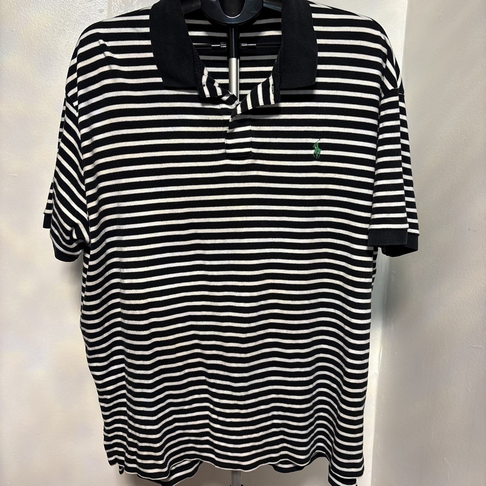 Polo Ralph Lauren Shirt Men's 2XL Black/White striped Cotton‎ Short Sleeve Golf